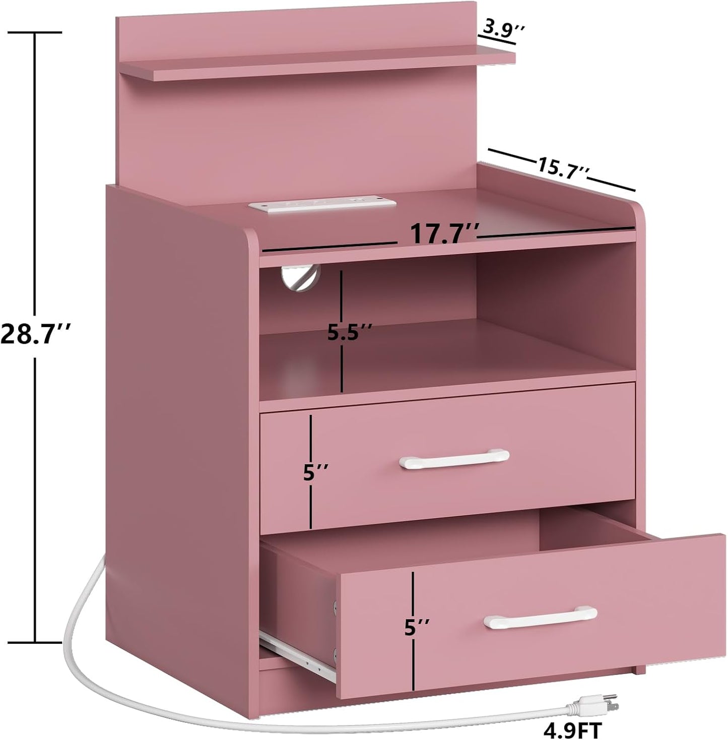 LED Nightstand with Charging Station, Night Stand with 2 Drawers and Open Storage, Bedside Table with LED Lights, Modern End Table with USB Ports Outlets, Pink