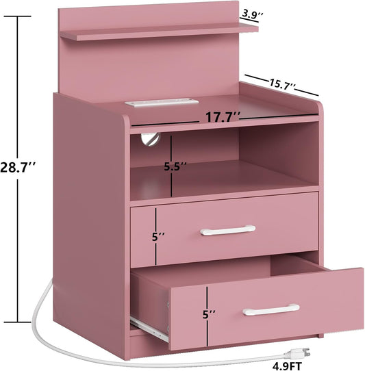 LED Nightstand with Charging Station, Night Stand with 2 Drawers and Open Storage, Bedside Table with LED Lights, Modern End Table with USB Ports Outlets, Pink