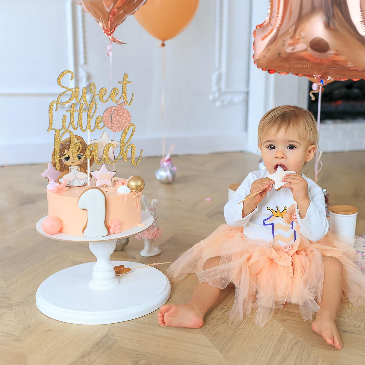 Gold Glitter Sweet Little Peach Cake Topper, Peach Sweet Baby Cake Décor, Peach Baby Shower Gender Reveal Party Decorations Supplies