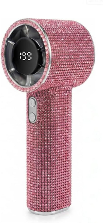 Shining Crystal Glitter Design Portable Handheld Fan Bling Mini Personal Hand Held Fan,Digital Display,Rechargeable Mini Fans for Outdoor Indoor (Pink)
