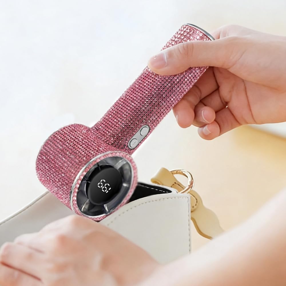 Shining Crystal Glitter Design Portable Handheld Fan Bling Mini Personal Hand Held Fan,Digital Display,Rechargeable Mini Fans for Outdoor Indoor (Pink)