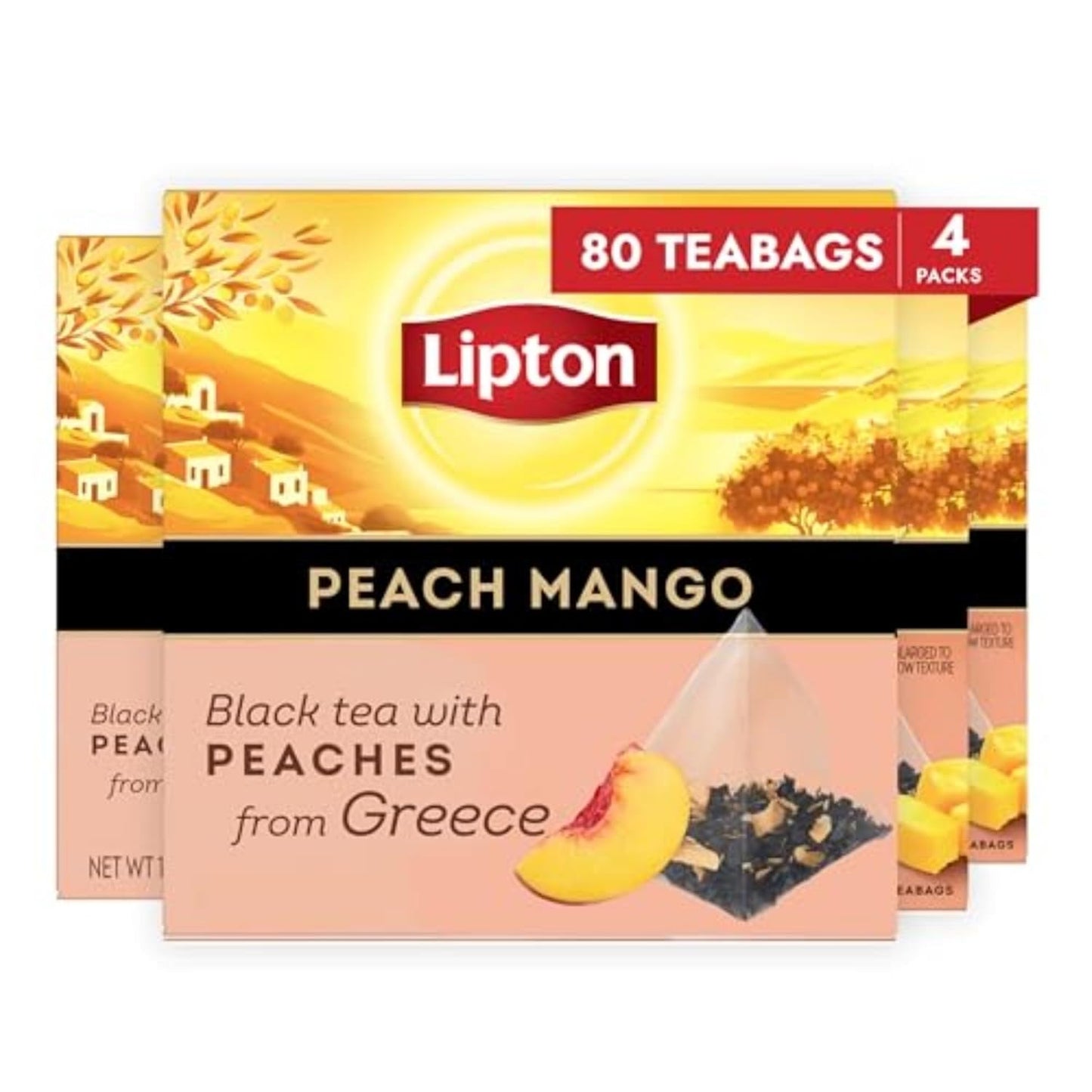 Black Tea Peach Mango 4-Pack Pyramid Tea Bags Flavored Caffeinated Hot Tea with Real Greek Peach Pieces and Mango Flavor Rainforest Alliance Certified 80 Total Teabags