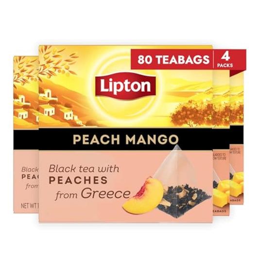 Black Tea Peach Mango 4-Pack Pyramid Tea Bags Flavored Caffeinated Hot Tea with Real Greek Peach Pieces and Mango Flavor Rainforest Alliance Certified 80 Total Teabags