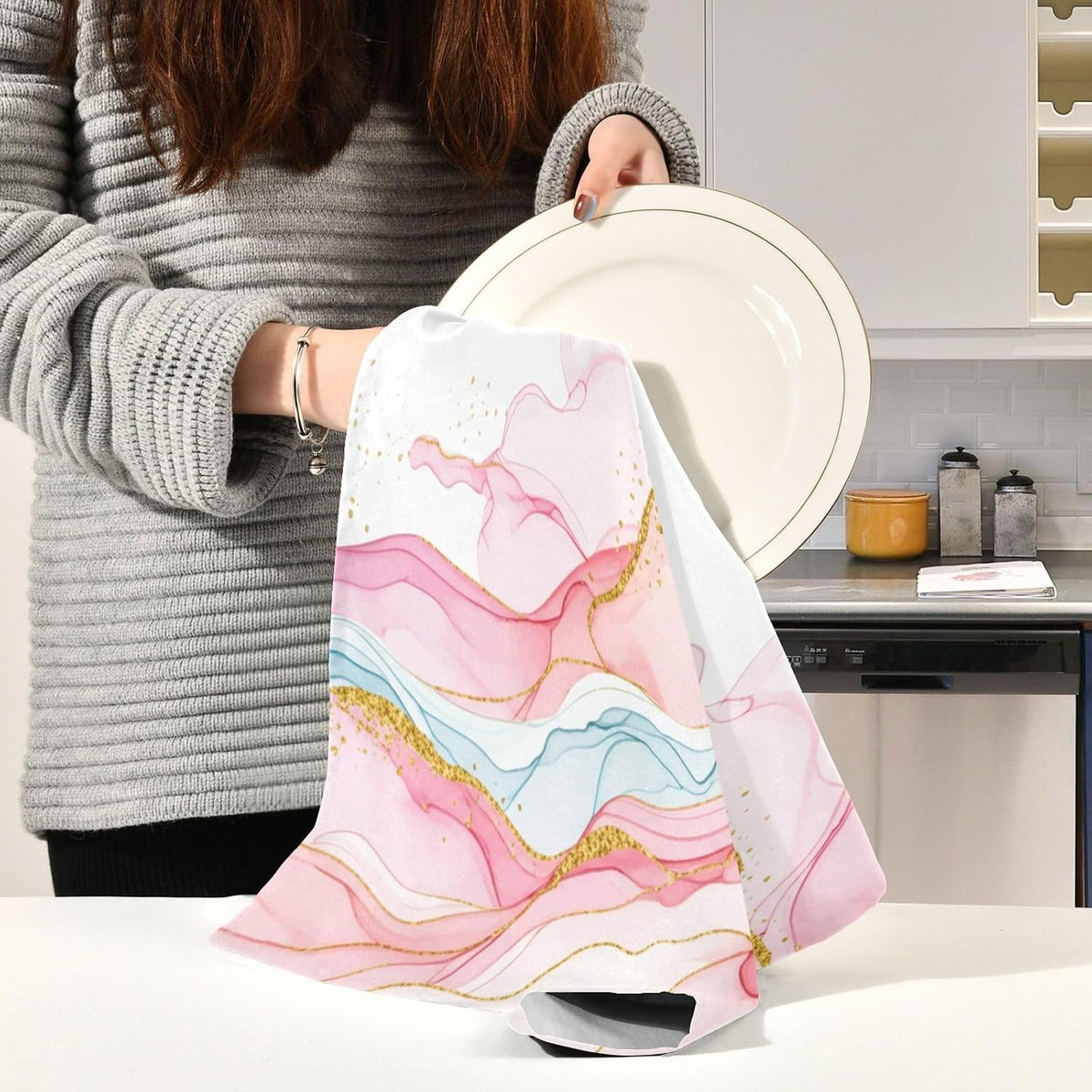 Art Pastel Pink Golden Sage Dish Towels Set Kitchen Decor Cute Tea Towels Rags Washcloths Absorbent Soft 18 x 28 Inch, 6 Packs