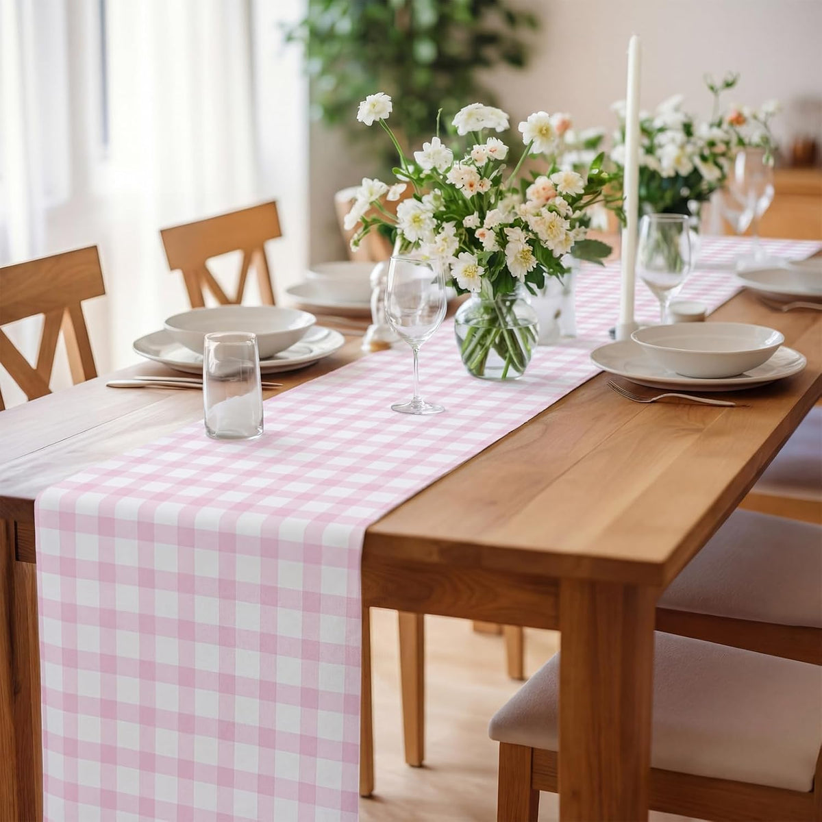 Pink White Gingham Paper Table Runner Roll 25' Long X 16" Wide