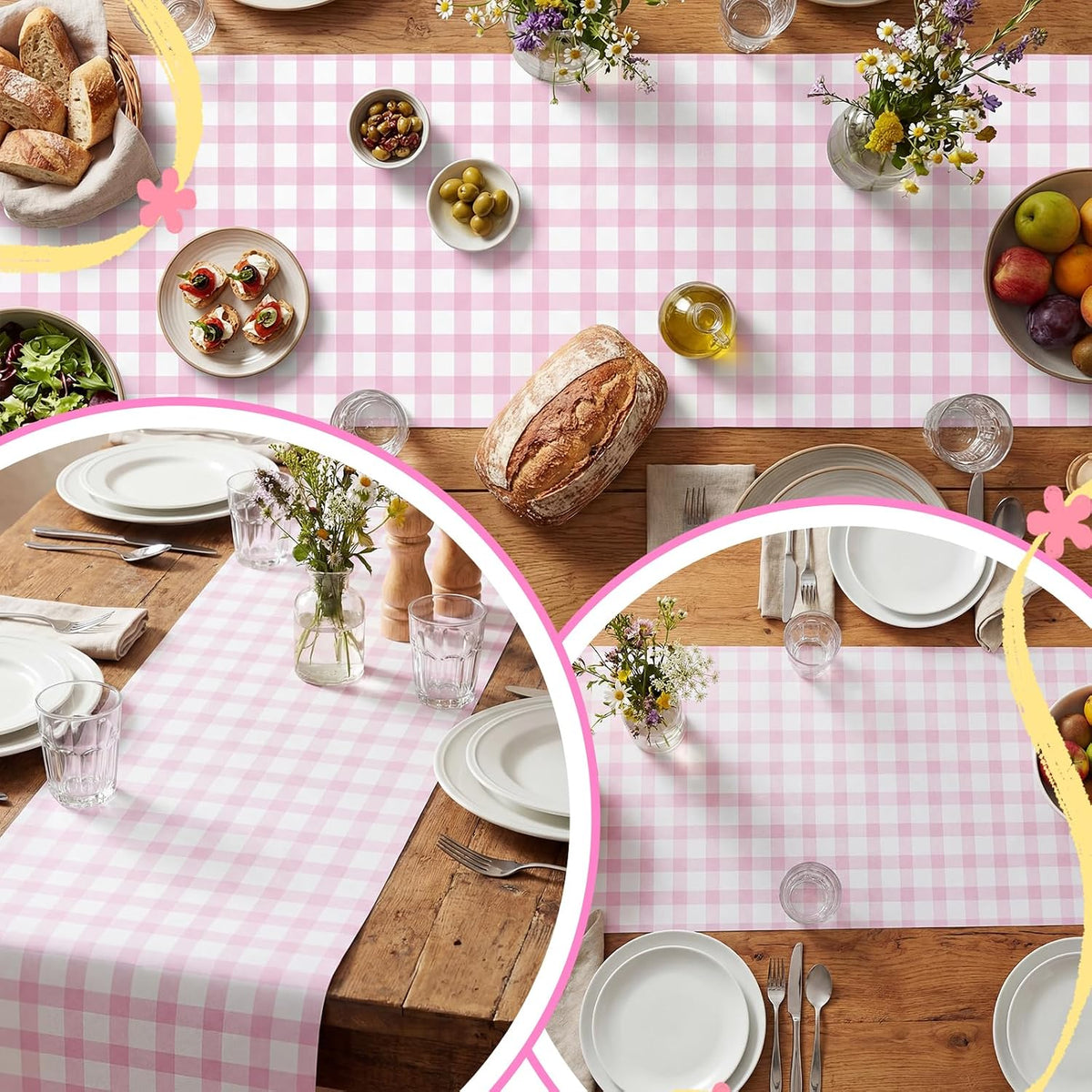 Pink White Gingham Paper Table Runner Roll 25' Long X 16" Wide