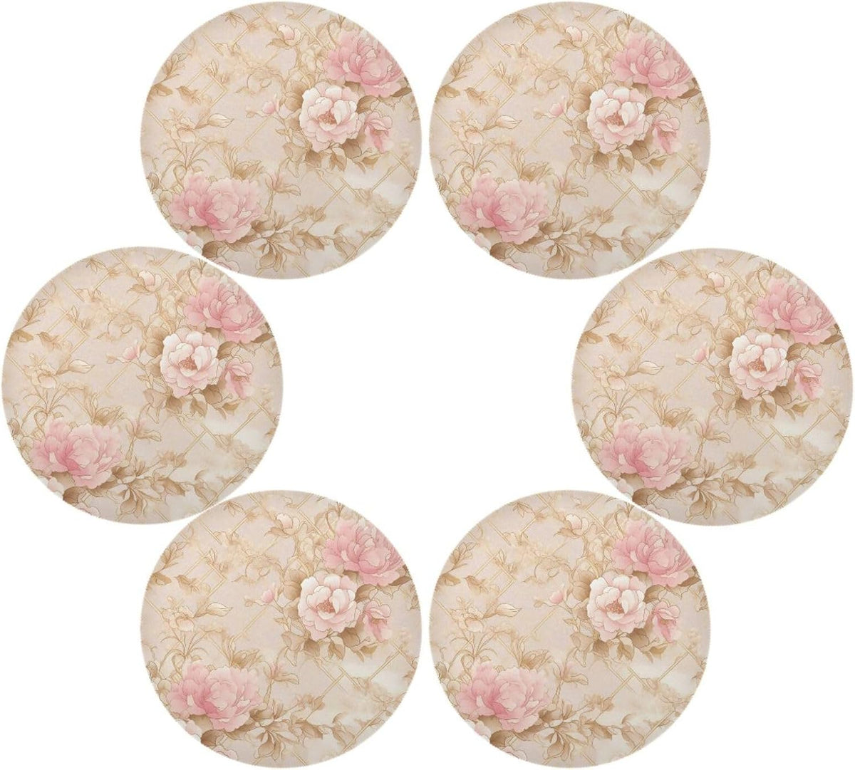Rosette Floral Pattern Peach Gold Round placemat Reusable placemat placemats for Dining Table Autumn placemats Waterproof Linen placemats Set of 6 15.4x15.4in