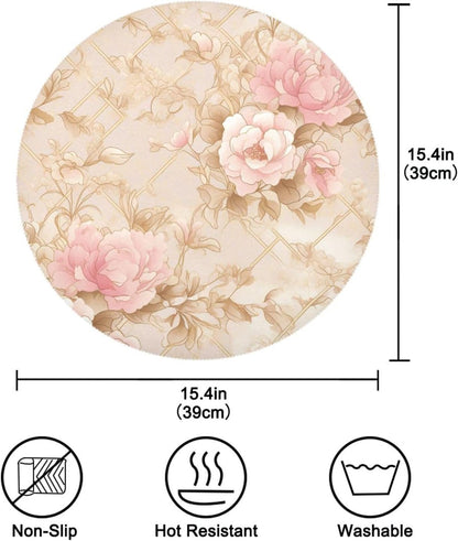 Rosette Floral Pattern Peach Gold Round placemat Reusable placemat placemats for Dining Table Autumn placemats Waterproof Linen placemats Set of 6 15.4x15.4in