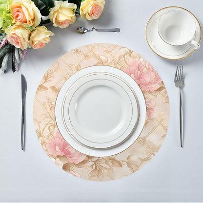 Rosette Floral Pattern Peach Gold Round placemat Reusable placemat placemats for Dining Table Autumn placemats Waterproof Linen placemats Set of 6 15.4x15.4in