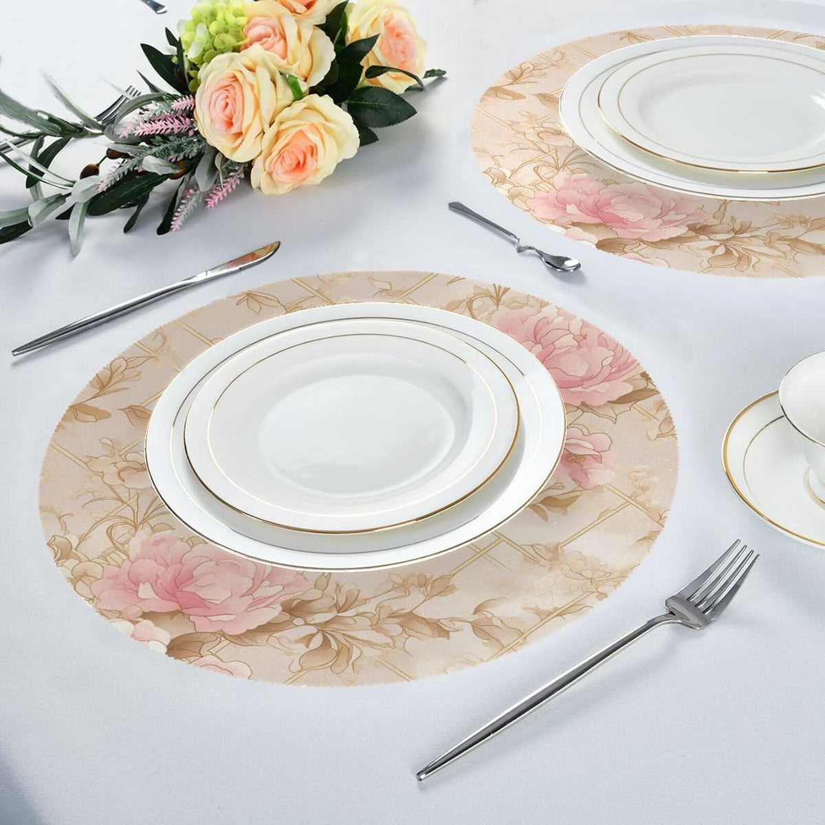 Rosette Floral Pattern Peach Gold Round placemat Reusable placemat placemats for Dining Table Autumn placemats Waterproof Linen placemats Set of 6 15.4x15.4in
