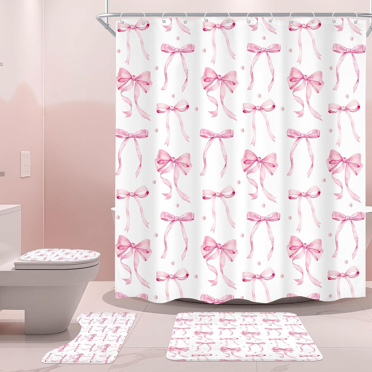 Pink Bow Girls Girly Coquette 4Pcs Bathroom Shower Curtain Set with Rugs