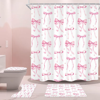 Pink Bow Girls Girly Coquette 4Pcs Bathroom Shower Curtain Set with Rugs