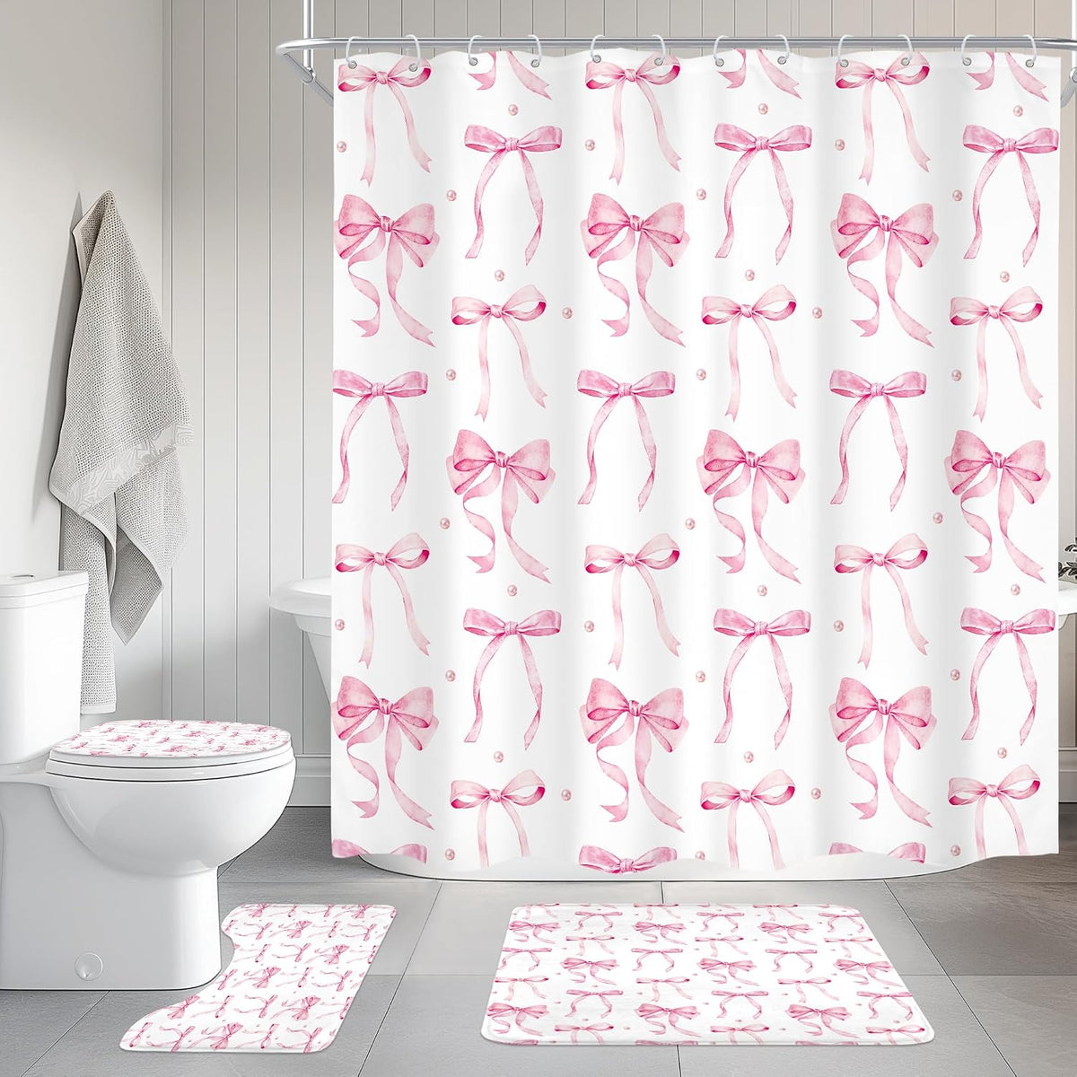 Pink Bow Girls Girly Coquette 4Pcs Bathroom Shower Curtain Set with Rugs