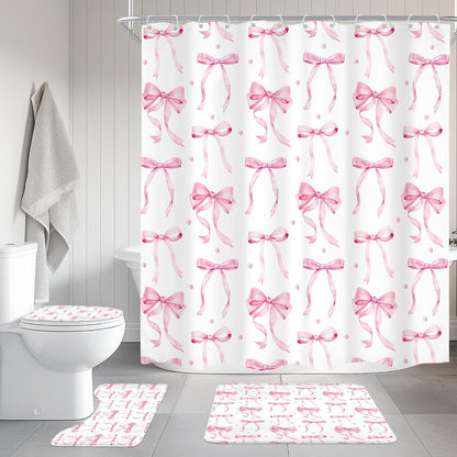 Pink Bow Girls Girly Coquette 4Pcs Bathroom Shower Curtain Set with Rugs