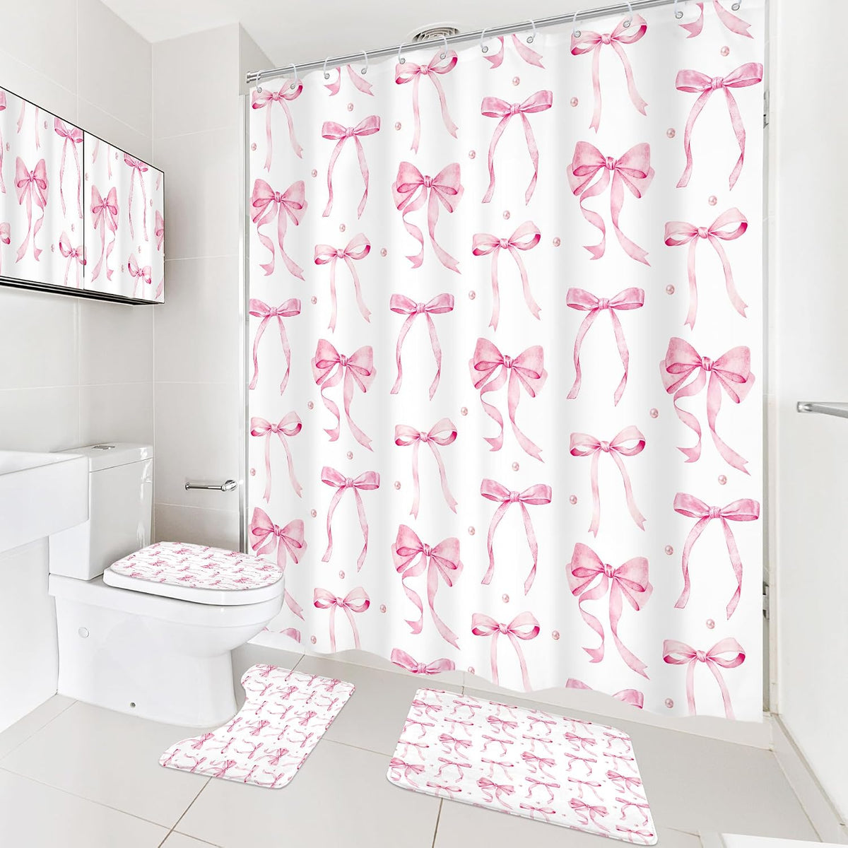 Pink Bow Girls Girly Coquette 4Pcs Bathroom Shower Curtain Set with Rugs