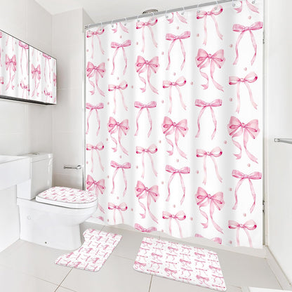 Pink Bow Girls Girly Coquette 4Pcs Bathroom Shower Curtain Set with Rugs