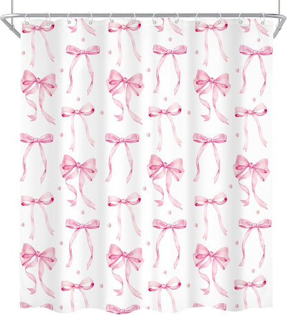 Pink Bow Girls Girly Coquette 4Pcs Bathroom Shower Curtain Set with Rugs