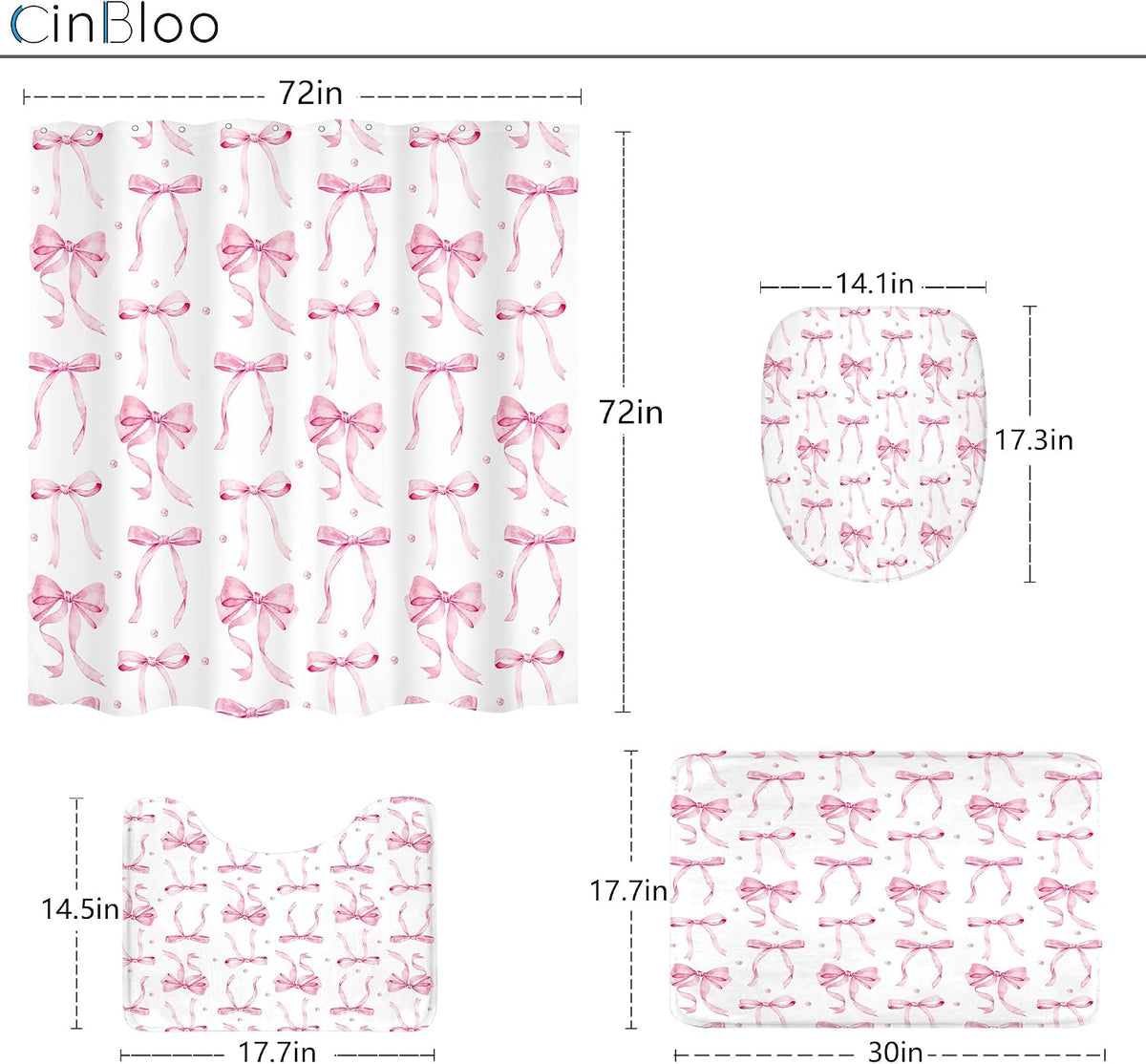 Pink Bow Girls Girly Coquette 4Pcs Bathroom Shower Curtain Set with Rugs