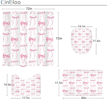 Pink Bow Girls Girly Coquette 4Pcs Bathroom Shower Curtain Set with Rugs