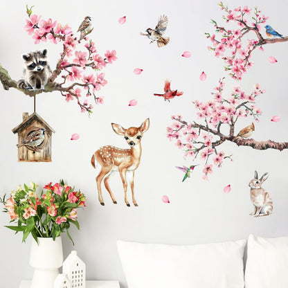 Peach Blossom Tree Animals Wall Decals Stickers, Spring Summer Pink