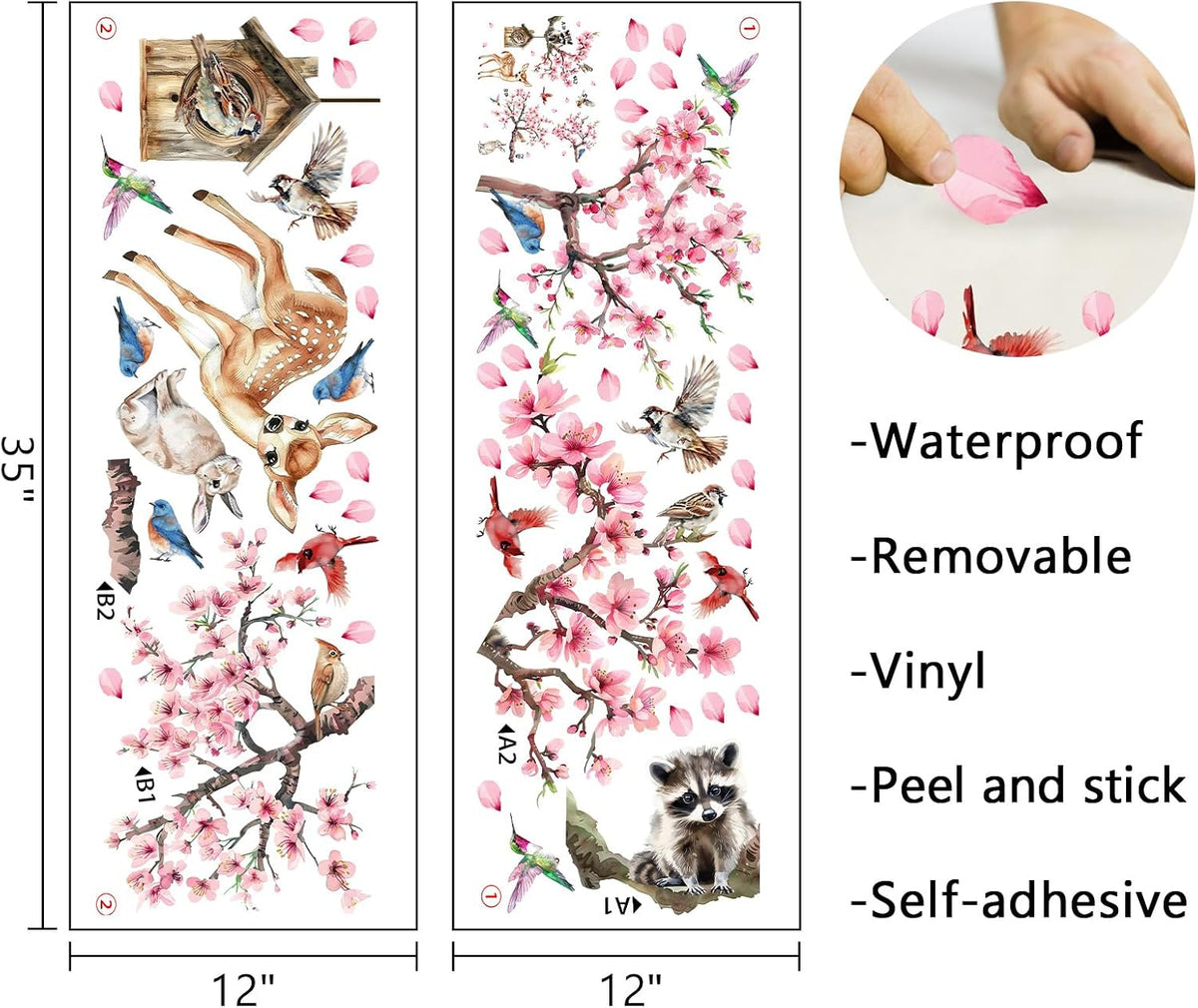 Peach Blossom Tree Animals Wall Decals Stickers, Spring Summer Pink