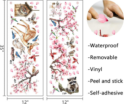 Peach Blossom Tree Animals Wall Decals Stickers, Spring Summer Pink