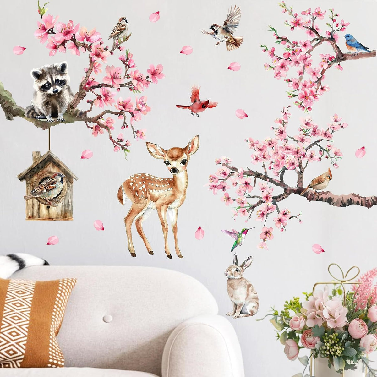 Peach Blossom Tree Animals Wall Decals Stickers, Spring Summer Pink