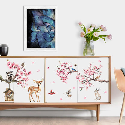 Peach Blossom Tree Animals Wall Decals Stickers, Spring Summer Pink