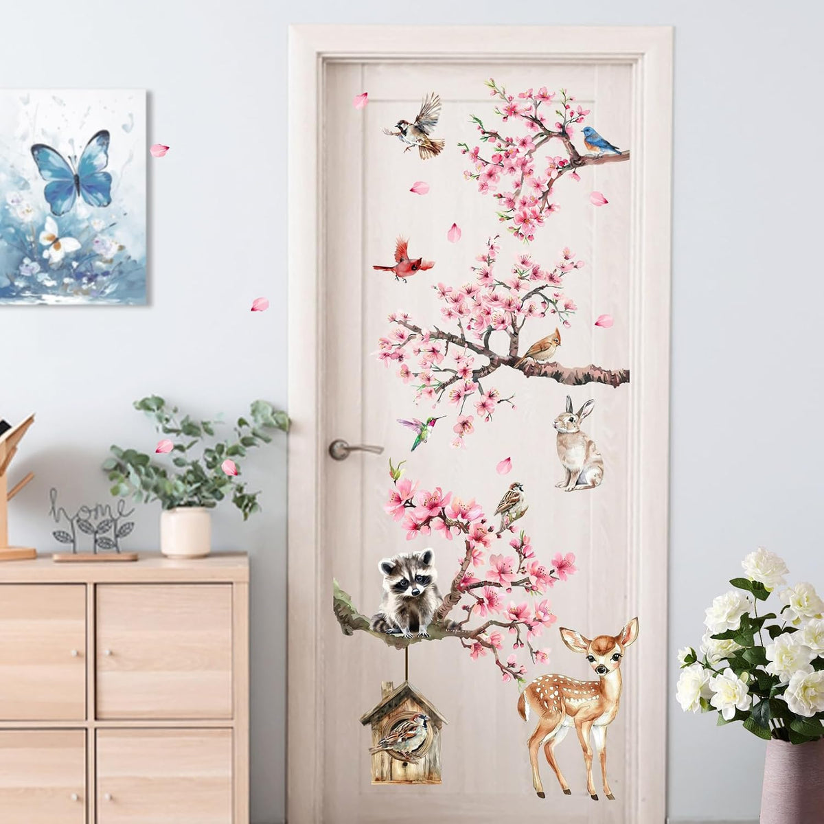Peach Blossom Tree Animals Wall Decals Stickers, Spring Summer Pink
