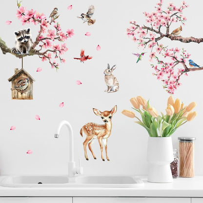 Peach Blossom Tree Animals Wall Decals Stickers, Spring Summer Pink