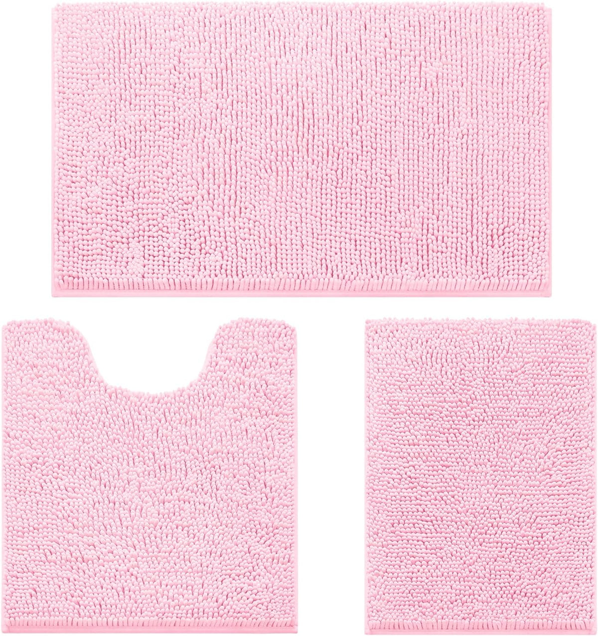 Light Pink Chenille Bathroom Rugs Set of 3, Non Slip Bath Mat