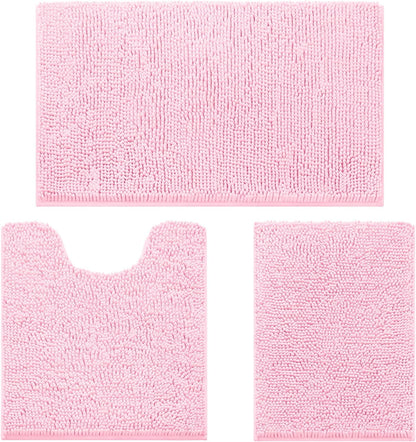 Light Pink Chenille Bathroom Rugs Set of 3, Non Slip Bath Mat