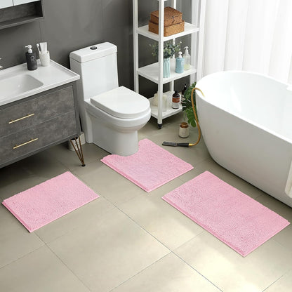 Light Pink Chenille Bathroom Rugs Set of 3, Non Slip Bath Mat