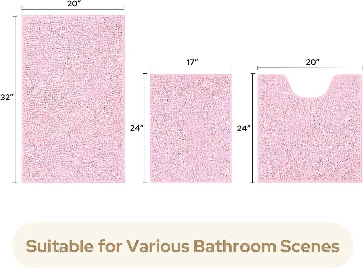Light Pink Chenille Bathroom Rugs Set of 3, Non Slip Bath Mat