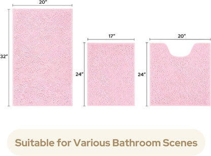 Light Pink Chenille Bathroom Rugs Set of 3, Non Slip Bath Mat