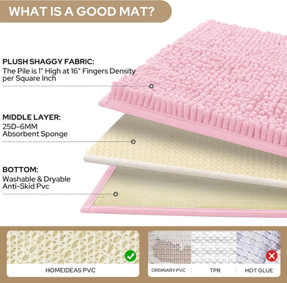Light Pink Chenille Bathroom Rugs Set of 3, Non Slip Bath Mat