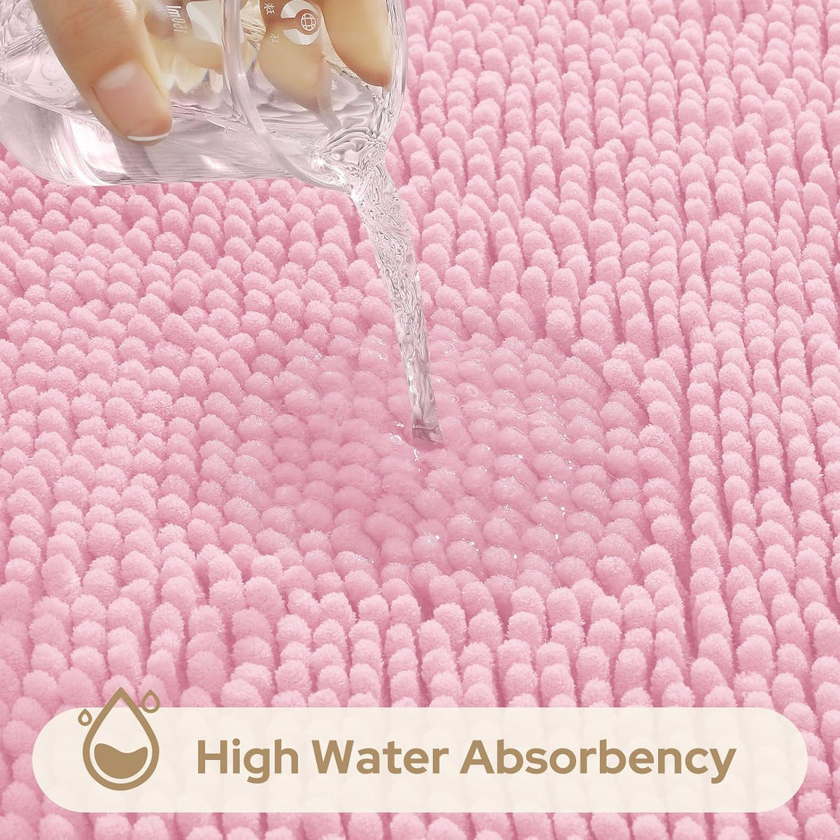 Light Pink Chenille Bathroom Rugs Set of 3, Non Slip Bath Mat