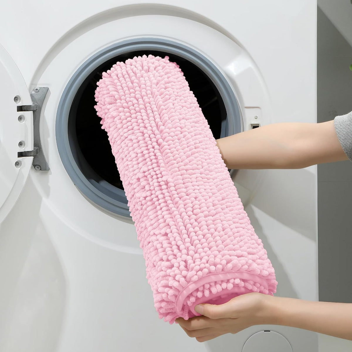 Light Pink Chenille Bathroom Rugs Set of 3, Non Slip Bath Mat