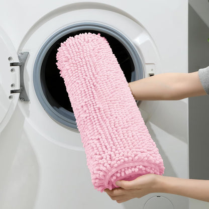 Light Pink Chenille Bathroom Rugs Set of 3, Non Slip Bath Mat