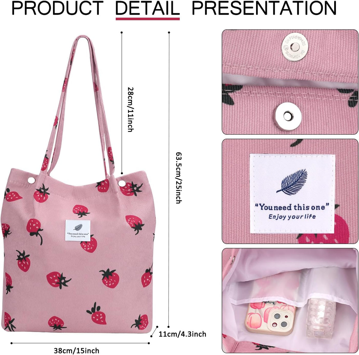 Ayieyill Corduroy Tote Bag for Women Canvas Shoulder Cord Purse with Inner Pocket