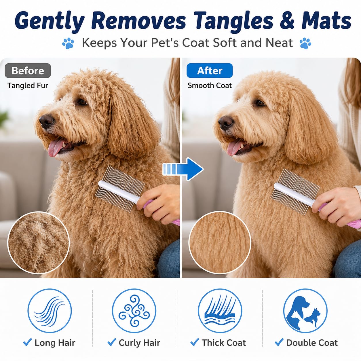 Dog Comb For All Dogs and Cats - Effortlessly Removes Mats, and Loose Fur - Safe, Easy Grooming for All Pets,Pink