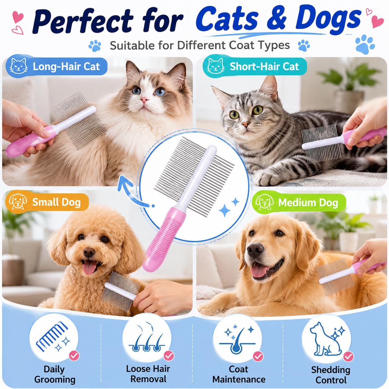 Dog Comb For All Dogs and Cats - Effortlessly Removes Mats, and Loose Fur - Safe, Easy Grooming for All Pets,Pink