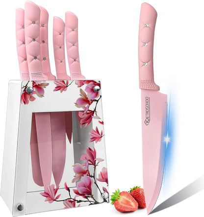 Kitchen Knife Set, Pink Flower 6PC Stainless Steel Sharp Chef Cooking Non-slip Knife Set with Acrylic Stand & Block, Non-stick Colorful Coating Gift for Women Girls (Pink)