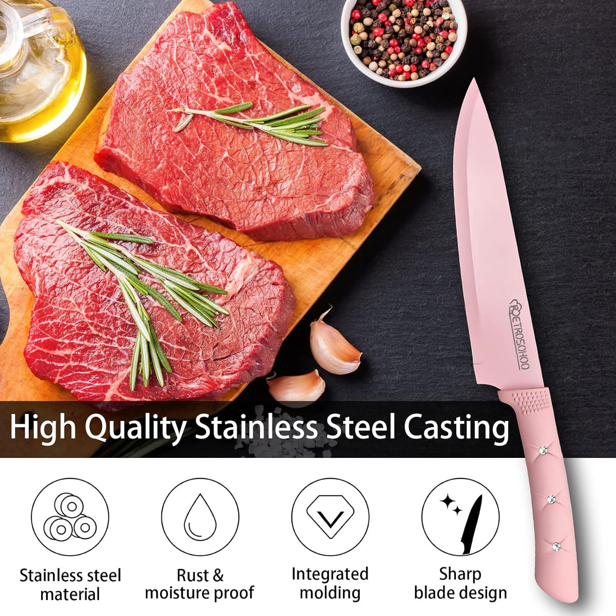 Kitchen Knife Set, Pink Flower 6PC Stainless Steel Sharp Chef Cooking Non-slip Knife Set with Acrylic Stand & Block, Non-stick Colorful Coating Gift for Women Girls (Pink)