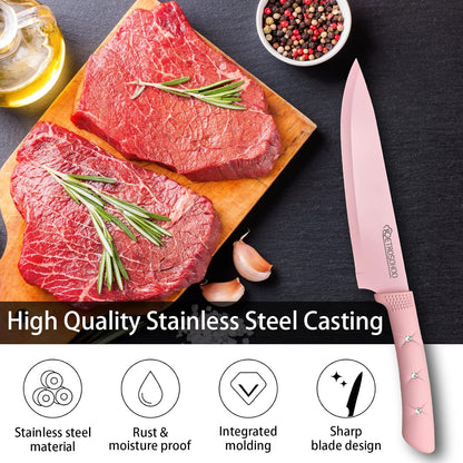 Kitchen Knife Set, Pink Flower 6PC Stainless Steel Sharp Chef Cooking Non-slip Knife Set with Acrylic Stand & Block, Non-stick Colorful Coating Gift for Women Girls (Pink)