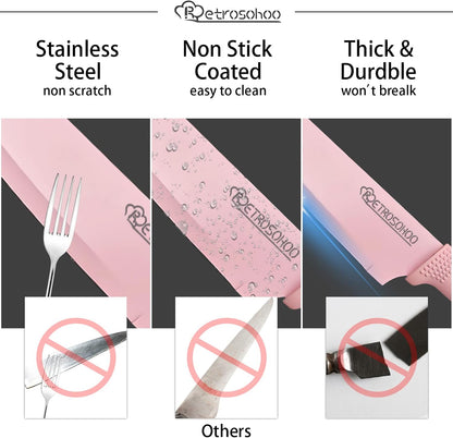 Kitchen Knife Set, Pink Flower 6PC Stainless Steel Sharp Chef Cooking Non-slip Knife Set with Acrylic Stand & Block, Non-stick Colorful Coating Gift for Women Girls (Pink)
