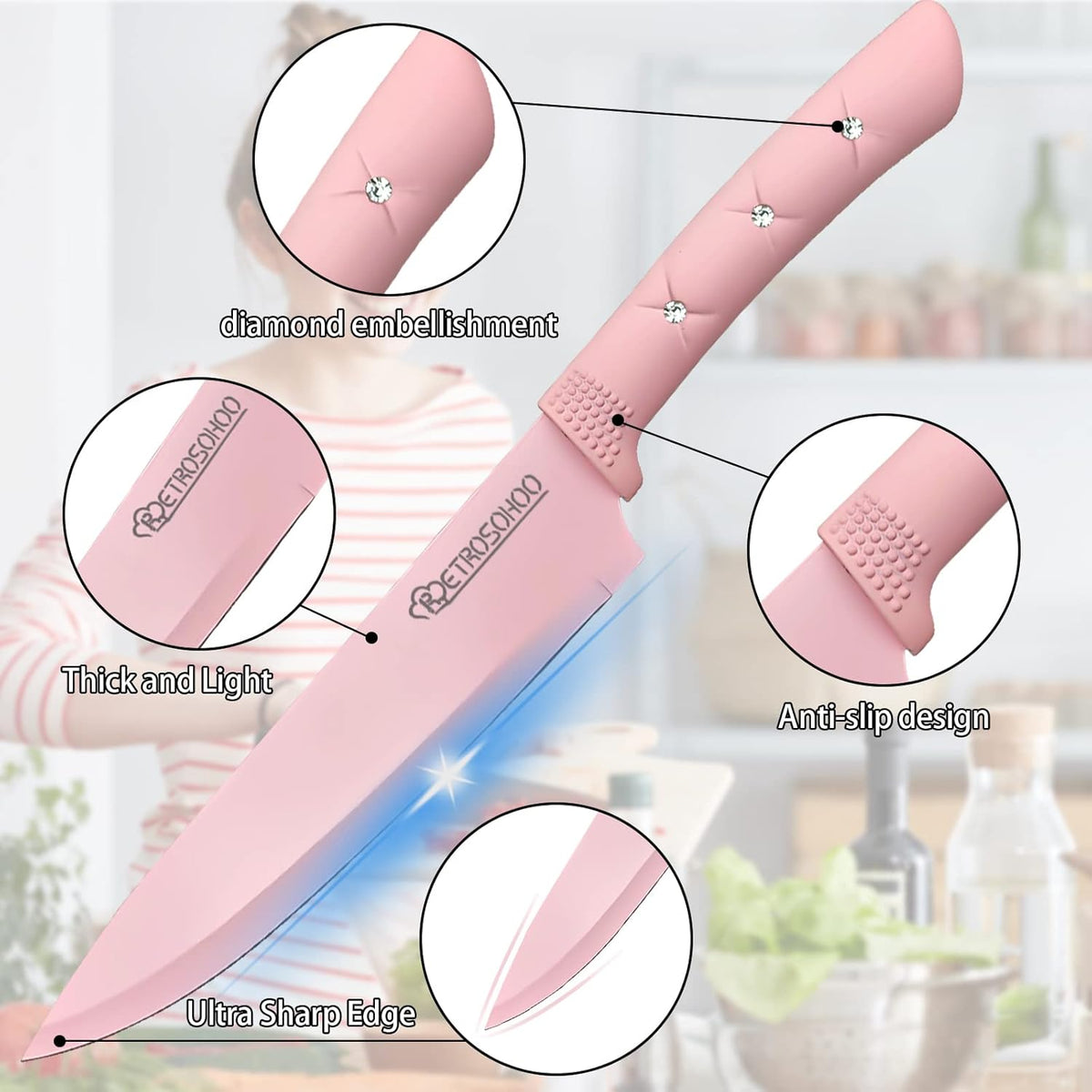 Kitchen Knife Set, Pink Flower 6PC Stainless Steel Sharp Chef Cooking Non-slip Knife Set with Acrylic Stand & Block, Non-stick Colorful Coating Gift for Women Girls (Pink)