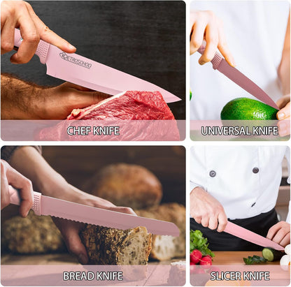 Kitchen Knife Set, Pink Flower 6PC Stainless Steel Sharp Chef Cooking Non-slip Knife Set with Acrylic Stand & Block, Non-stick Colorful Coating Gift for Women Girls (Pink)