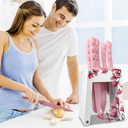 Kitchen Knife Set, Pink Flower 6PC Stainless Steel Sharp Chef Cooking Non-slip Knife Set with Acrylic Stand & Block, Non-stick Colorful Coating Gift for Women Girls (Pink)