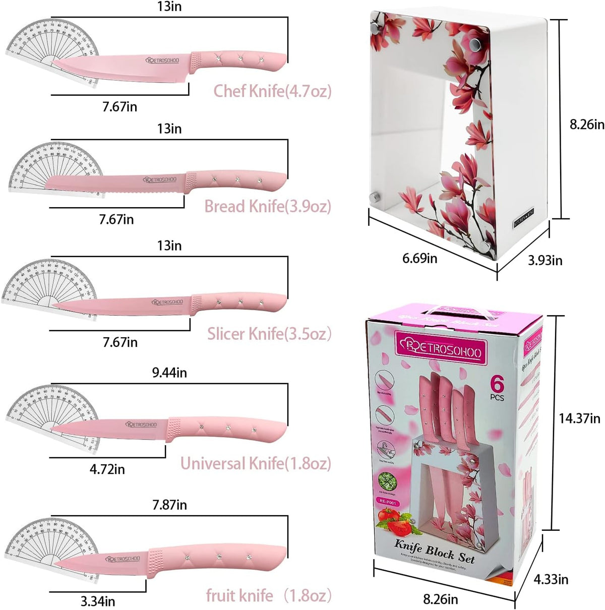 Kitchen Knife Set, Pink Flower 6PC Stainless Steel Sharp Chef Cooking Non-slip Knife Set with Acrylic Stand & Block, Non-stick Colorful Coating Gift for Women Girls (Pink)